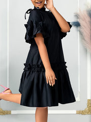 Pleated Solid Color Split-Joint Zipper A-Line Half Sleeves Mock Neck Midi Dresses