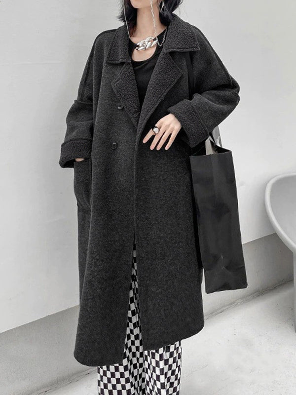 Buttoned Pockets Solid Color Velvet Long Sleeves Loose Lapel Woolen Coat