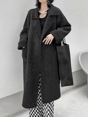 Buttoned Pockets Solid Color Velvet Long Sleeves Loose Lapel Woolen Coat
