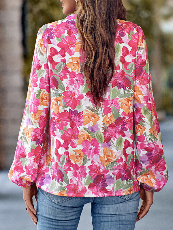Elasticity Flower Print Long Sleeves Loose V-Neck Blouses&Shirts Tops