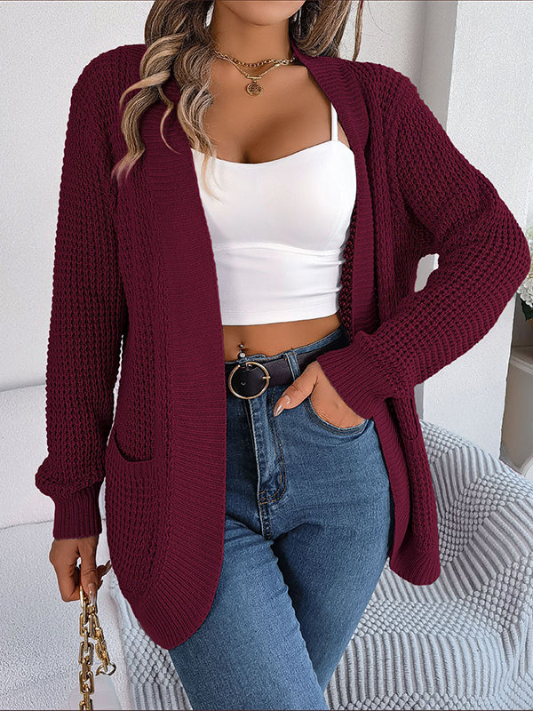 Pockets Solid Color Split-Joint Long Sleeves Loose Collarless Cardigan Tops