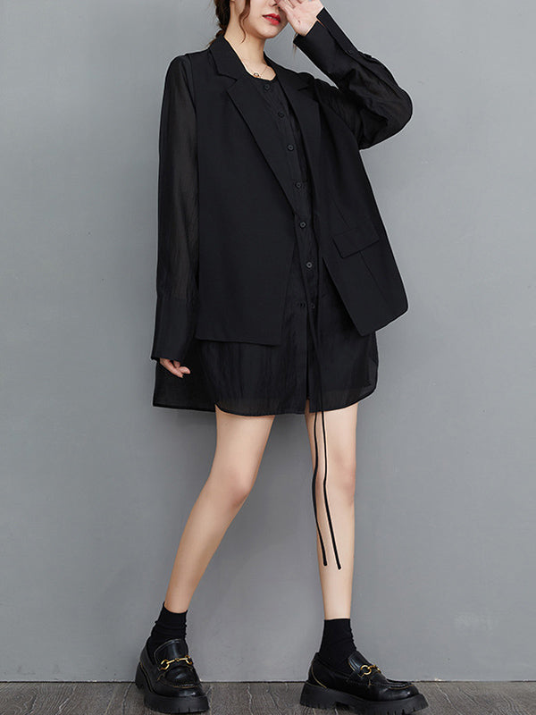 Buttoned Mesh Pockets Solid Color Split-Joint Sun Protection Tied Waist False Two Long Sleeves Notched Collar Outerwear Blazer