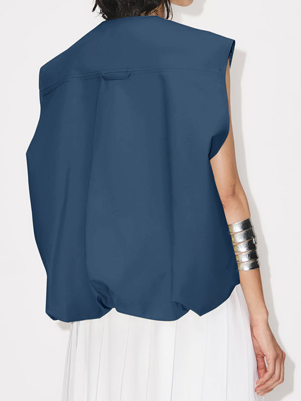 Pockets Split-Joint Zipper Loose Sleeveless Round-Neck Vest Outerwear