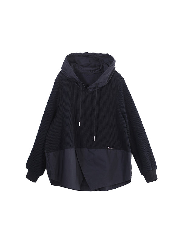 Drawstring Split-front Split-Joint Hooded Long Sleeves Hoodies Tops