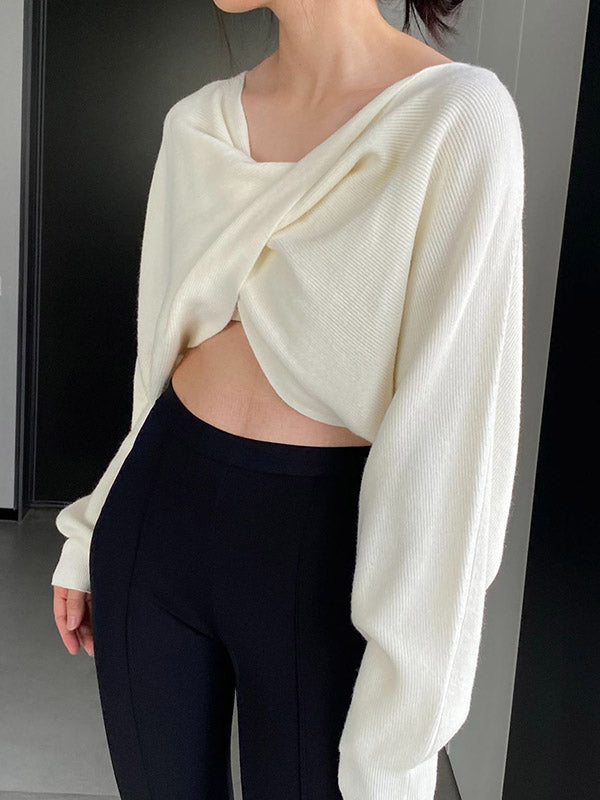 Knot Solid Color Batwing Sleeves Long Sleeves V-Neck Sweater Tops Pullovers