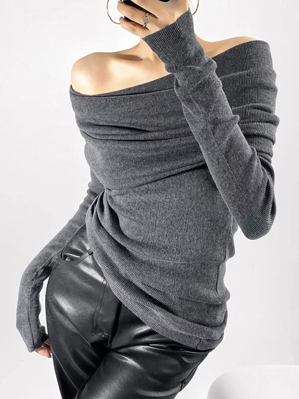 Pleated Solid Color Split-Joint Long Sleeves Skinny Off-the-shoulder Pullovers Knitwear