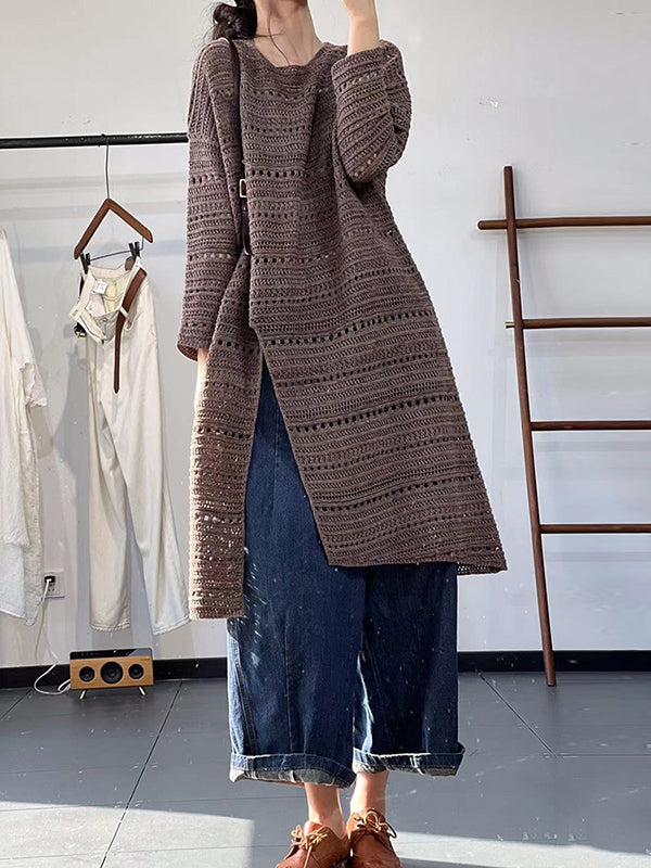 Hollow Solid Color Split-front Long Sleeves Loose Round-neck Sweater Tops