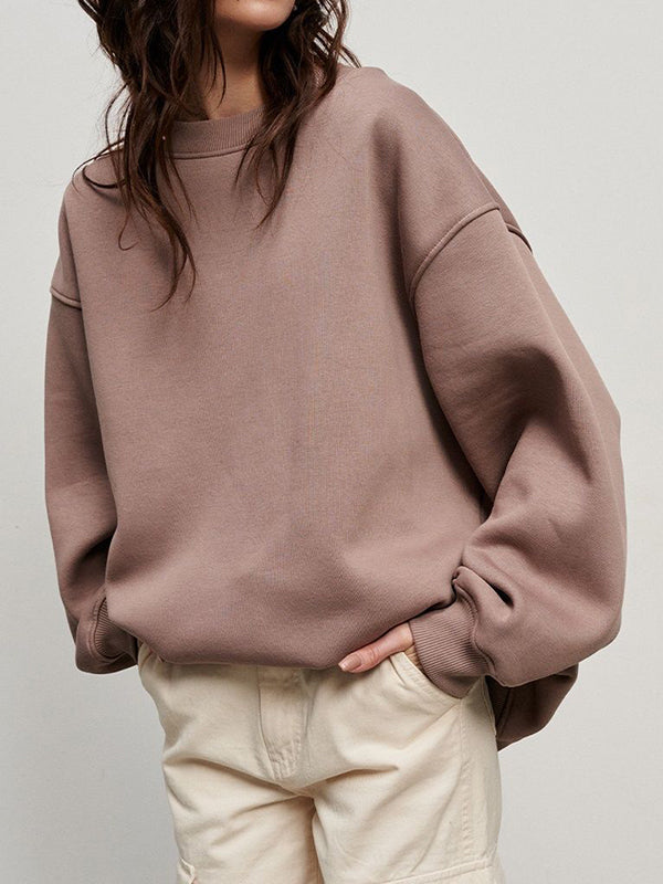 Solid Color Long Sleeves Loose Round-Neck Sweatshirt Tops