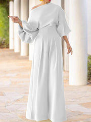 Long Sleeves Loose Solid Color One-Shoulder T-Shirt Tops&Pants Two Pieces Set
