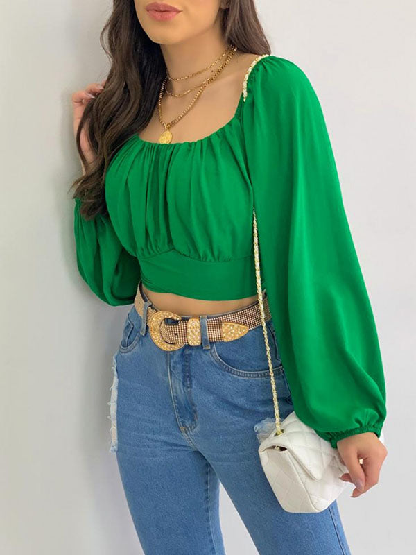 Elasticity Pleated Solid Color Long Sleeves Loose Off-the-shoulder Blouses