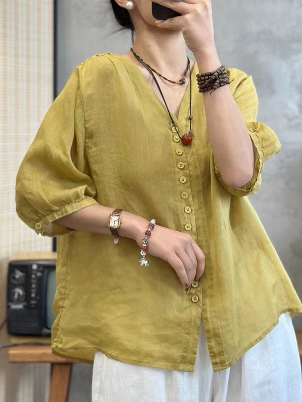 Solid Color Half Sleeves Loose V-neck Blouses&shirts Tops