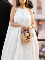 Pleated Pockets Solid Color A-Line Loose Halter-Neck Midi Dresses