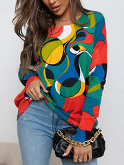 Contrast Color Printed Long Sleeves Loose Round-Neck Sweater Tops Pullovers Knitwear
