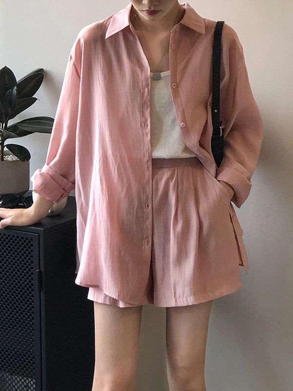 Loose Solid Color Long Sleeves Blouse + Pleated Shorts Two Pieces Set