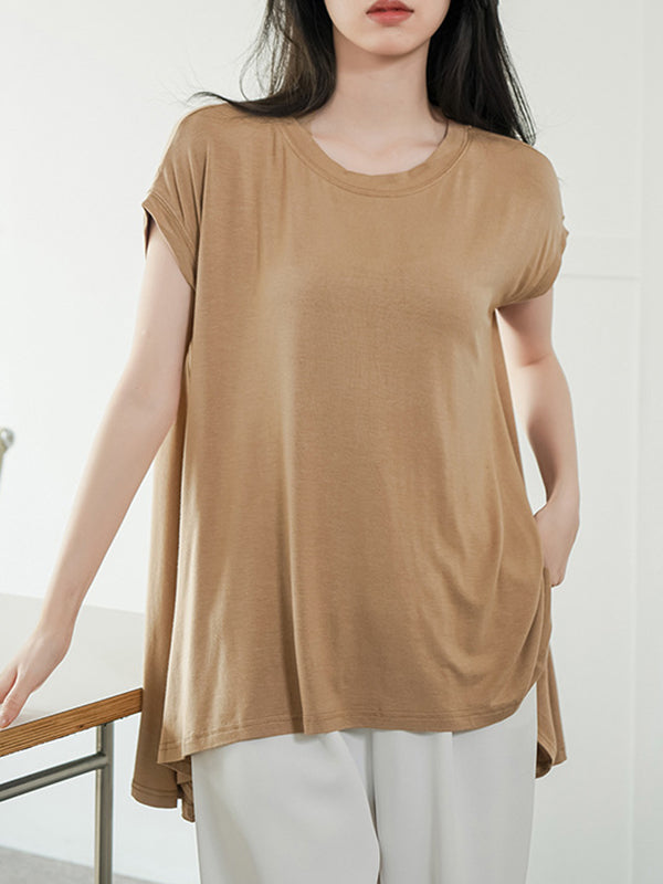 Asymmetric Solid Color High-Low Loose Round-Neck T-Shirts Tops