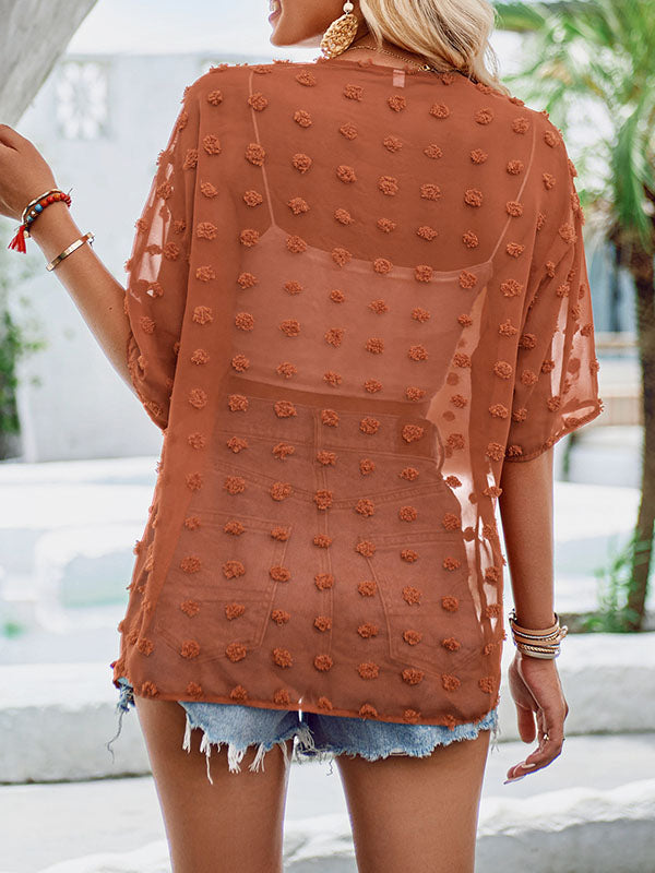 Jacquard See-Through Split-Joint Loose Short Sleeves Blouses