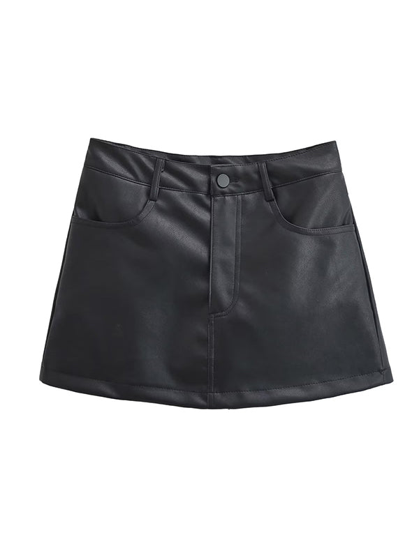 Pockets Solid Color High Waisted Short Skirts