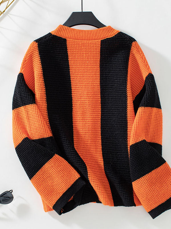 Buttoned Contrast Color Split-Joint Striped Long Sleeves Loose V-Neck Cardigan Tops