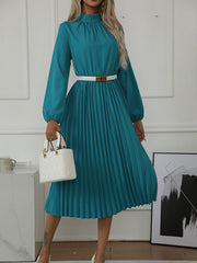 Buttoned Elasticity Hollow No Belt Pleated Solid Color Long Sleeves Loose High Neck Midi Dresses
