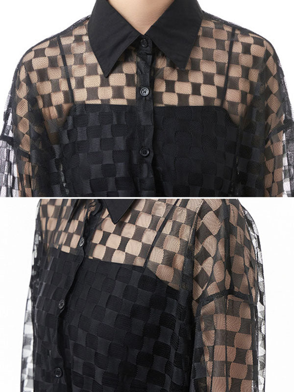 See-Through Long Sleeves Loose Lapel Blouses&Shirts Tops