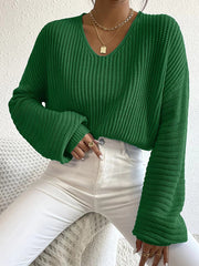 Solid Color Split-Joint Long Sleeves Loose V-Neck Sweater Tops Pullovers