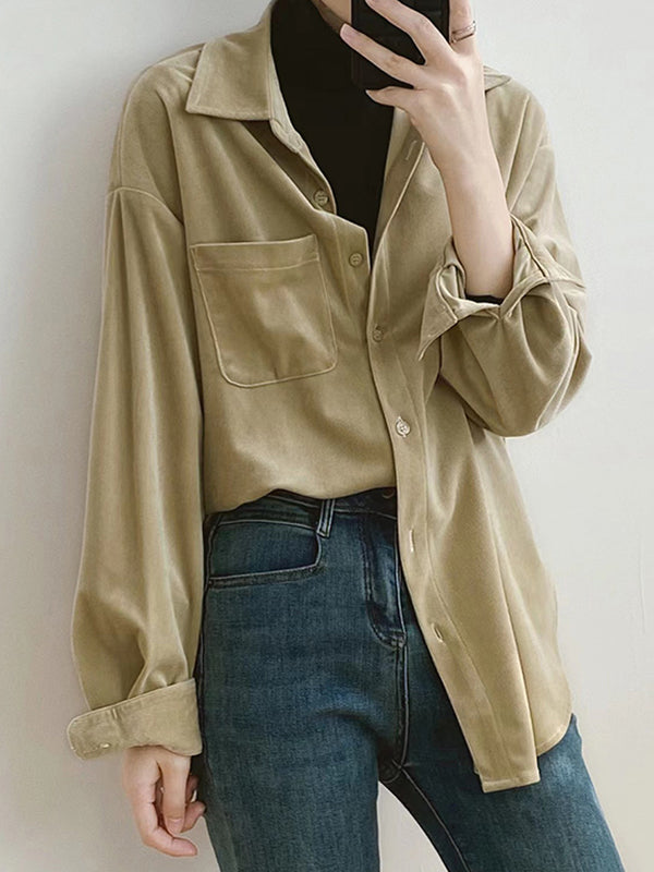 Casual Long Sleeves Loose Buttoned Solid Color Lapel Collar Blouses&Shirts Tops