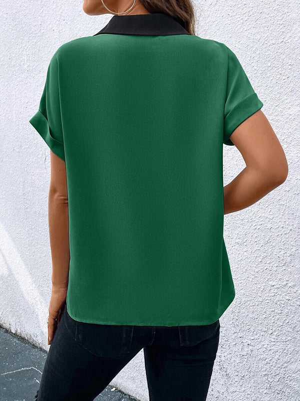 Contrast Color Loose Short Sleeves V-neck T-Shirts Tops