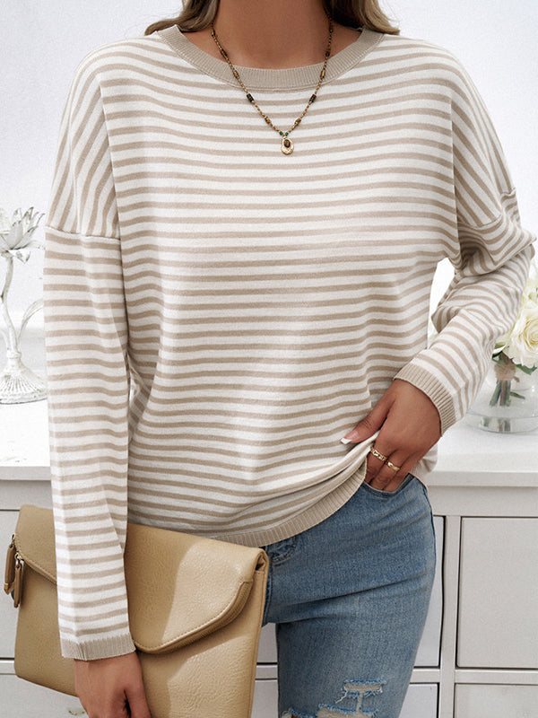 Split-Joint Striped Long Sleeves Loose Round-Neck Sweater Tops Pullovers