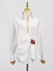 Long Sleeves Loose Buttoned Pleated Solid Color Lapel Blouses&Shirts Tops