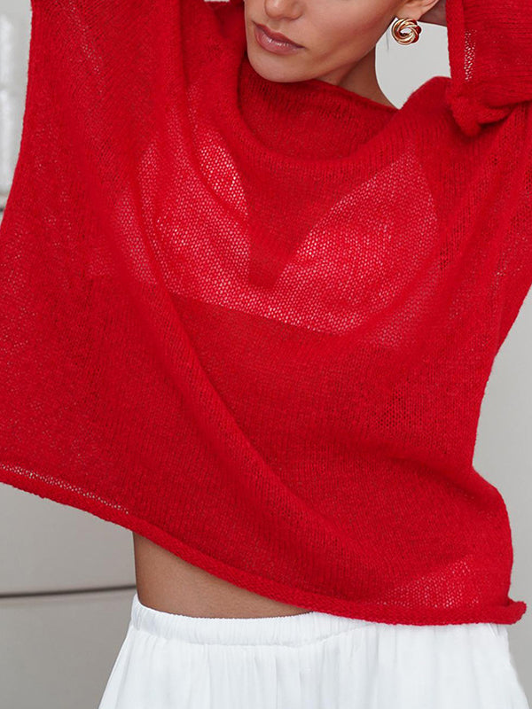 See-Through Solid Color Split-Joint Long Sleeves Loose Round-Neck Sweater Tops