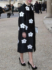 Contrast Color Flower Print Long Sleeves Loose Round-Neck Woolen Coat Outerwear