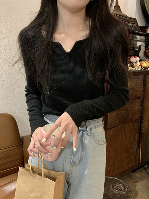 Colorful Solid Color Long Sleeves Skinny V-neck Sweater Tops Pullovers Knitwear