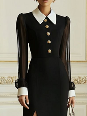 Buttoned See-Through Solid Color Split-Side Long Sleeves Lapel Shirt Dress Maxi Dresses