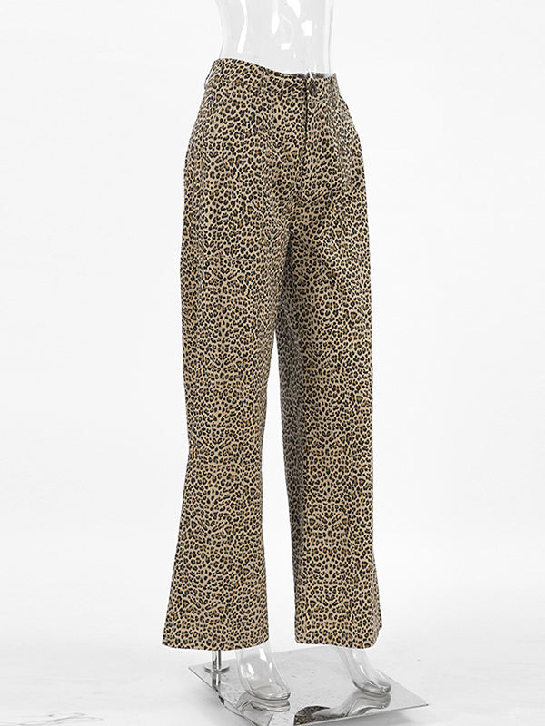 Leopard Printed Split-Joint High Waisted Loose Trousers Pants