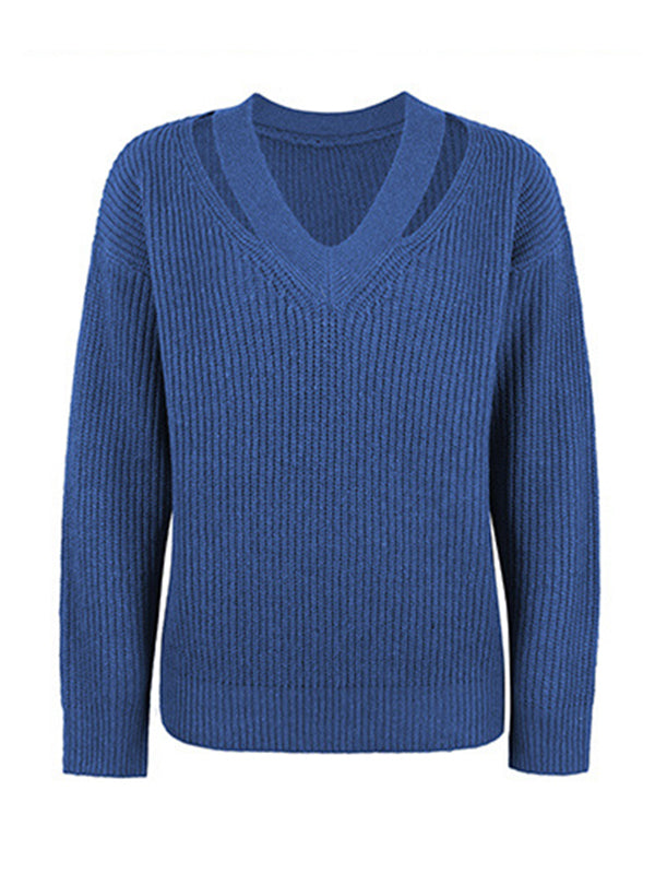Stylish Loose Solid Color V-Neck Sweater Tops