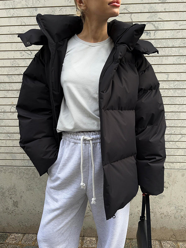 Long Sleeves Loose Solid Color Split-Joint Hooded Padded Coat