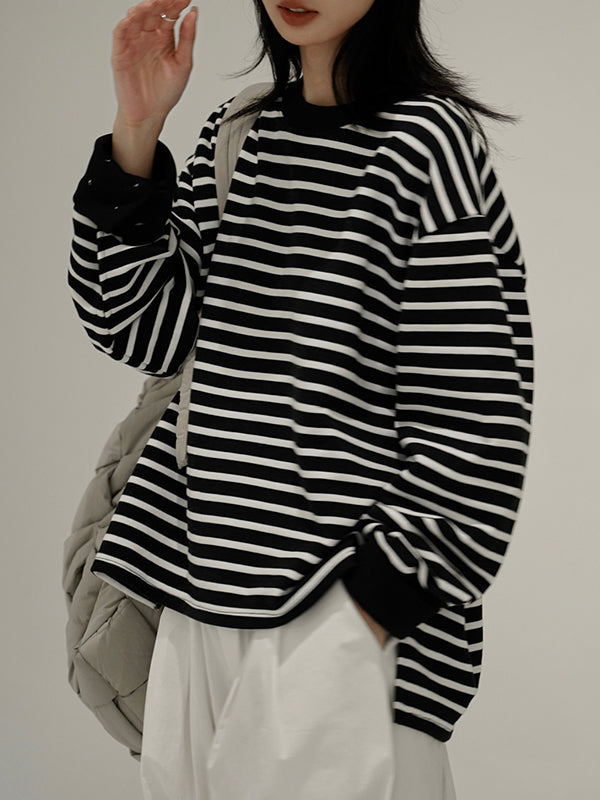 Contrast Color Split-Joint Split-side Striped Long Sleeves Loose Round-neck Sweatshirt Tops