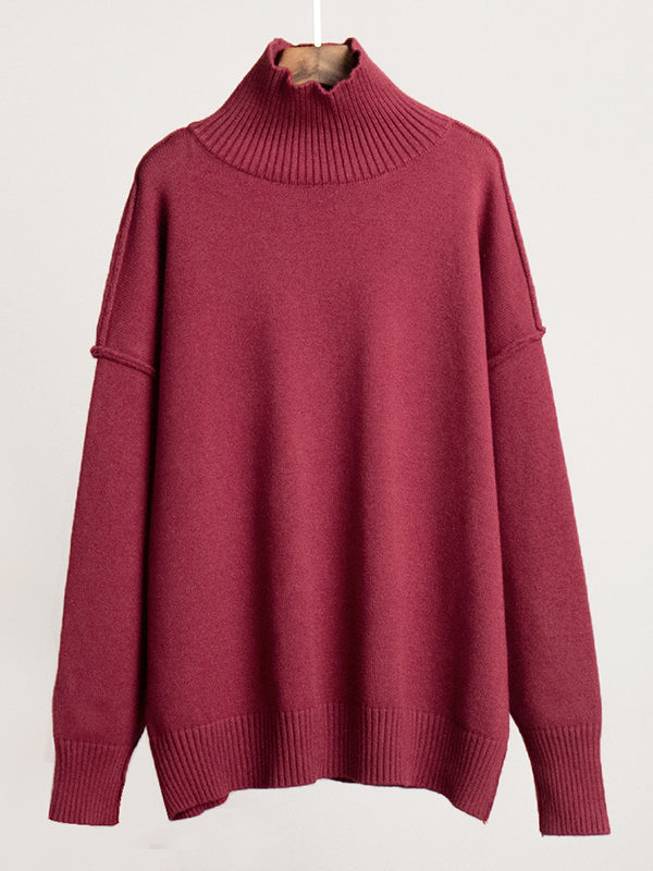 Solid Color Split-Joint Long Sleeves Loose High Neck Sweater Tops Pullovers