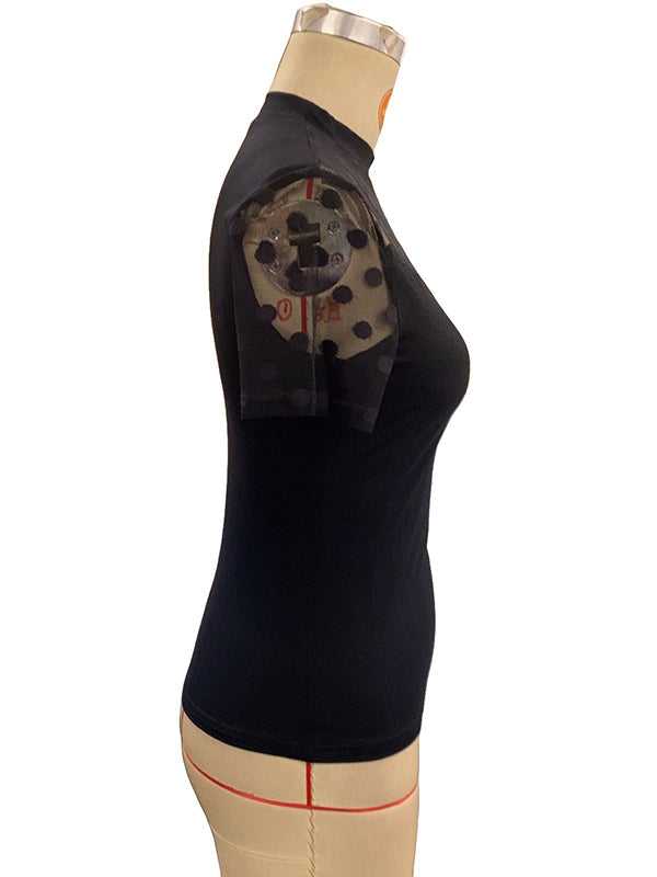Mesh Polka-Dot See-Through Split-Joint Loose Short Sleeves Round-Neck T-Shirts Tops