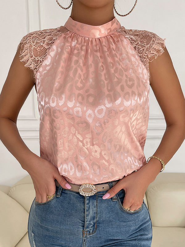 Leopard Pleated Split-Joint Tied Loose Sleeveless Mock Neck Blouses&Shirts Tops