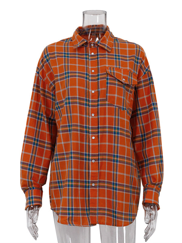 Buttoned Plaid Pockets Long Sleeves Loose Lapel Blouses&Shirts Tops