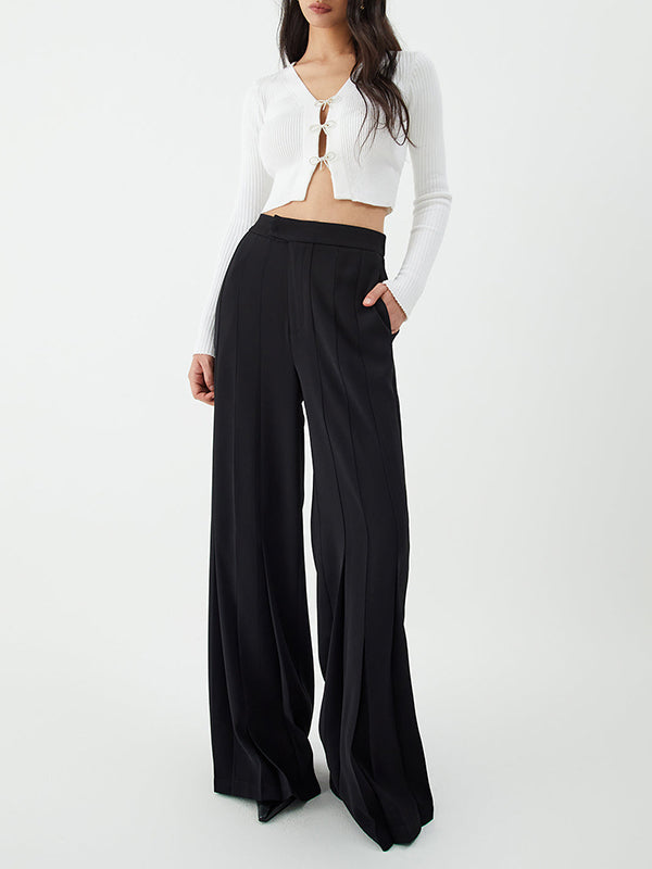 Pleated Solid Color High Waisted Loose Suit Pants