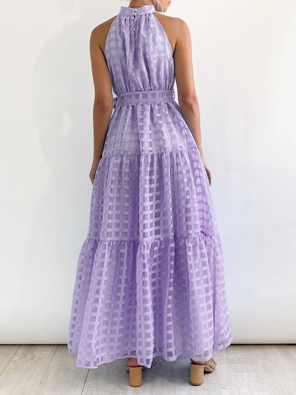 Plaid Ribbed Loose Sleeveless Stand Collar Maxi Dresses