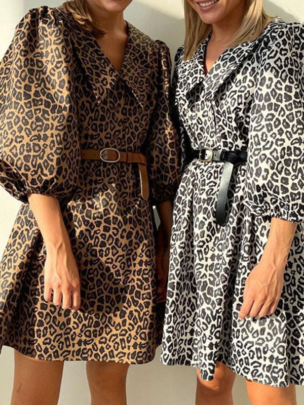 Buttoned Elasticity Leopard No Belt Zipper A-Line Half Sleeves Lapel Mini Dresses