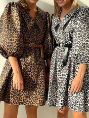 Buttoned Elasticity Leopard No Belt Zipper A-Line Half Sleeves Lapel Mini Dresses