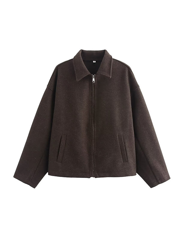 Solid Color Split-Joint Zipper Long Sleeves Loose Lapel Woolen Coat Outerwear