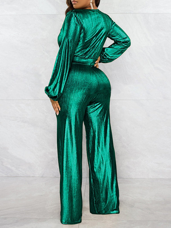 Elasticity Shiny Solid Color Bodycon High Waisted V-Neck Jumpsuits