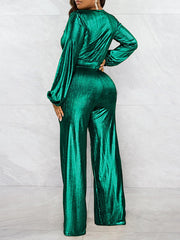 Elasticity Shiny Solid Color Bodycon High Waisted V-Neck Jumpsuits