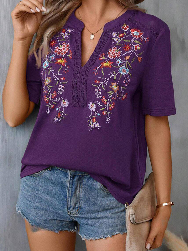 Embroidered Split-Joint Half Sleeves Loose V-Neck T-Shirts Tops