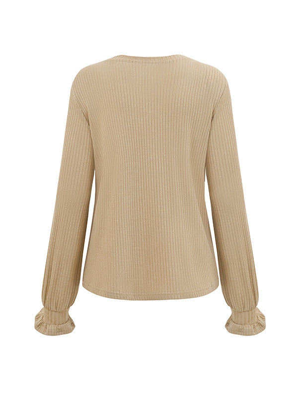 Elasticity Ruffled Solid Color Long Sleeves Loose Round-Neck T-Shirts Tops